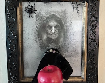 Mirror Mirror on the Wall: 8x10 Evil Witch Holding a Poison Apple, Mock Mirror in Embellished Wood Frame (Wall Hanging or Table Top Display)
