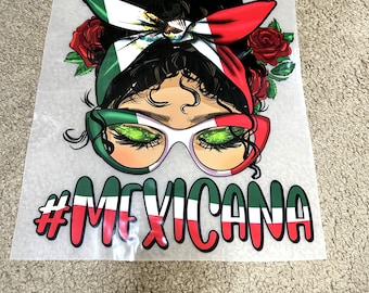 May include: A black and white illustration of a woman with a Mexican flag bandana in her hair. She is wearing sunglasses with green glitter on the lenses. The text "#MEXICANA" is below the image.