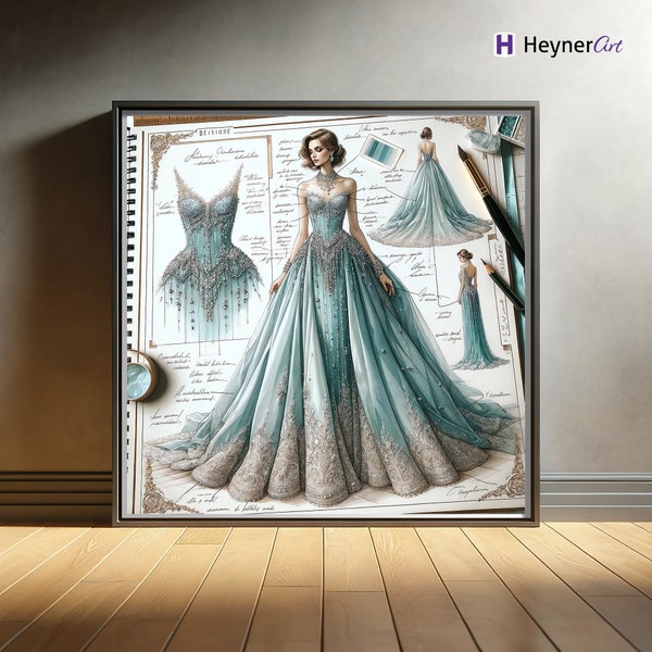 Magical Haute Couture Evening Dress Design Sketch - Fashion Blueprint Wall Art Poster PRINTABLE