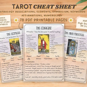 Tarot Cards 78 Printable Cheat Sheets Symbolism & Meanings PDF printable, Instant Download E-Book, Tarot Correspondences and Meanings