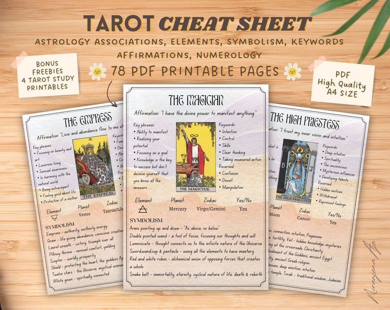Tarot Cards 78 Printable Cheat Sheets Symbolism &amp; Meanings PDF ...