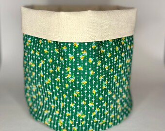 Fabric floral plant pot - size large, green yellow vintage flower print, reversible canvas planter hand-made