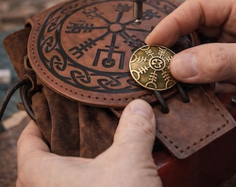 Handmade Leather Norse mythology drawstring bag waistband holder Odin pagan coin bag sack viking