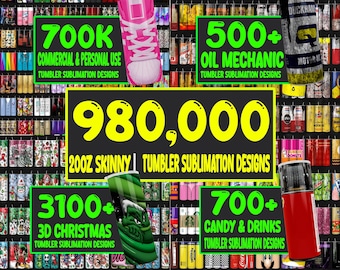 May include: A collage of colorful images of sublimation designs for 20 oz skinny tumblers. The images include a variety of themes, including Christmas, oil mechanic, candy and drinks, and commercial and personal use. The text on the image reads "980,000 20oz Skinny Tumbler Sublimation Designs".