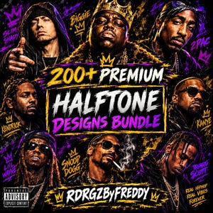 May include: A digital graphic design bundle featuring portraits of seven hip-hop artists including Eminem, Biggie, 2Pac, Kendrick, Kanye, Lil Wayne, Snoop Dogg, and Travis Scott. The text reads 200+ PREMIUM HALFTONE DESIGNS BUNDLE RDRGZBYFREDDY.