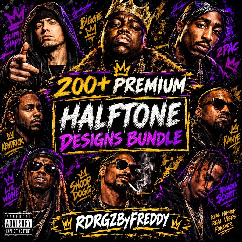 May include: A digital graphic design bundle featuring portraits of seven hip-hop artists including Eminem, Biggie, 2Pac, Kendrick, Kanye, Lil Wayne, Snoop Dogg, and Travis Scott. The text reads 200+ PREMIUM HALFTONE DESIGNS BUNDLE RDRGZBYFREDDY.