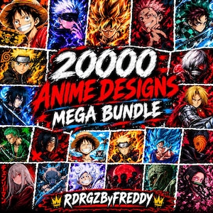 Può includere: Un collage digitale che presenta vari personaggi anime in colori vivaci, con il testo 20000 ANIME DESIGNS MEGA BUNDLE e RDRGZBYFREDDY visualizzato in grassetto bianco e rosso al centro e nella parte inferiore della composizione grafica.
