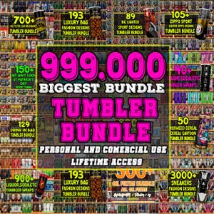 Op de afbeelding: Een collage van afbeeldingen die een groot pakket van 999.000 tumbler-ontwerpen laten zien. Het pakket bevat ontwerpen voor oliefilters, luxe tassen, sport, drankjes en meer. De tekst "BIGGEST BUNDLE TUMBLER BUNDLE" wordt weergegeven in roze letters. De tekst "PERSONAL AND COMERCIAL USE LIFETIME ACCESS" wordt weergegeven in witte letters.