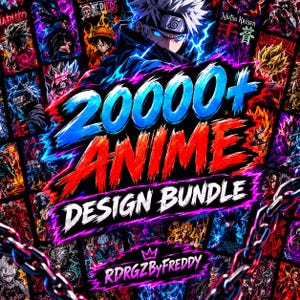 Può includere: Un pacchetto di design grafico digitale che presenta un collage di vari personaggi anime con vivaci effetti di luce blu e rossa. Il testo centrale recita 20000+ ANIME DESIGN BUNDLE in caratteri grassetti, con RDRGZBYFREDDY nella parte inferiore.