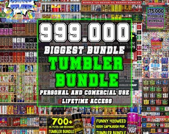 May include: A digital collage of colorful images of various designs for tumblers. The text "999,000 Biggest Bundle Tumbler Bundle" is in large green letters. The text "Personal and Commercial Use Lifetime Access" is below the large text. The text "700+ Oil Filter, Car Mechanic Tumbler Bundle" is in the lower left corner. The text "Funny 420Weed Kush Cap'N, Kush Pop... Tumbler Bundle" is in the lower right corner.