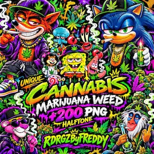 May include: A vibrant digital illustration featuring cartoon characters including Crash Bandicoot, Sonic the Hedgehog, SpongeBob SquarePants, and the Pink Panther, all wearing cannabis-themed apparel and accessories amidst colourful marijuana leaves.