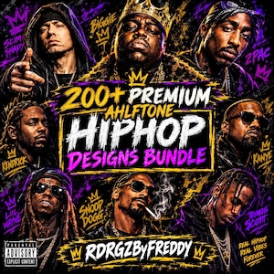 May include: A digital graphic featuring portraits of hip-hop artists including Eminem, Biggie, 2Pac, Kendrick Lamar, Kanye West, Lil Wayne, Snoop Dogg, and Travis Scott, with text reading 200+ PREMIUM AHLFTONE HIPHOP DESIGNS BUNDLE RDRGZBYFREDDY.
