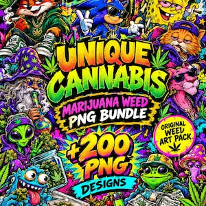 Puede incluir: Una colección de arte digital con ilustraciones vibrantes estilo grafiti de varios personajes, incluyendo un zorro, erizo, esponja, gato, alienígena y rana, con el texto RDRGZBYFREDDY, UNIQUE CANNABIS, MARIJUANA WEED PNG BUNDLE, +200 PNG DESIGNS y ORIGINAL WEED ART PACK.
