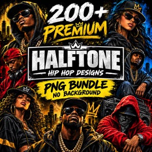 May include: A digital graphic bundle featuring 200+ Premium Halftone Hip Hop Designs PNG Bundle No Background. The image displays multiple individuals wearing hoodies, caps, sunglasses, and gold chains against a city skyline background.