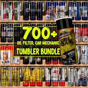 Może przedstawiać: Kolekcja cylindrycznych kubków z różnymi motywami motoryzacyjnymi. Kubki prezentują marki takie jak Castrol, Kobalt i Armor All. Tekst "700+ OIL FILTER, CAR MECHANIC TUMBLER BUNDLE" jest wyraźnie widoczny.