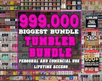 May include: A digital collage of colorful images of various designs for tumblers. The text "999,000 Biggest Bundle Tumbler Bundle" is in large pink letters. The text "Personal and Commercial Use Lifetime Access" is in black letters. The text "Best Deal Guaranteed" is in black letters. The text "240+ On Brand Car Mechanic Rusted Spray Tumbler Wraps" is in white letters. The text "600+ Liquor, Soda, Etc Tumbler Wraps" is in white letters. The text "4,000,000 PNG Files & Tumbler Mega Bundle" is in white letters.