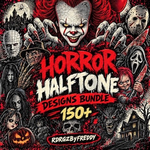 May include: A digital graphic design bundle featuring horror movie characters in a halftone style. The text reads HORROR HALFTONE DESIGNS BUNDLE 150+ RDRGZBYFREDDY. The image includes Pennywise, Jason Voorhees, Chucky, and other iconic horror figures.