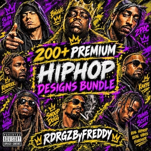 May include: A digital graphic design bundle featuring portraits of hip-hop artists including Slim Shady, Biggie, 2Pac, Kendrick, Kanye, Lil Wayne, Snoop Dogg, and Travis Scott. The text reads 200+ PREMIUM HIPHOP DESIGNS BUNDLE, RDRGZBYFREDDY, and REAL HIPHOP REAL VIBES FOREVER.