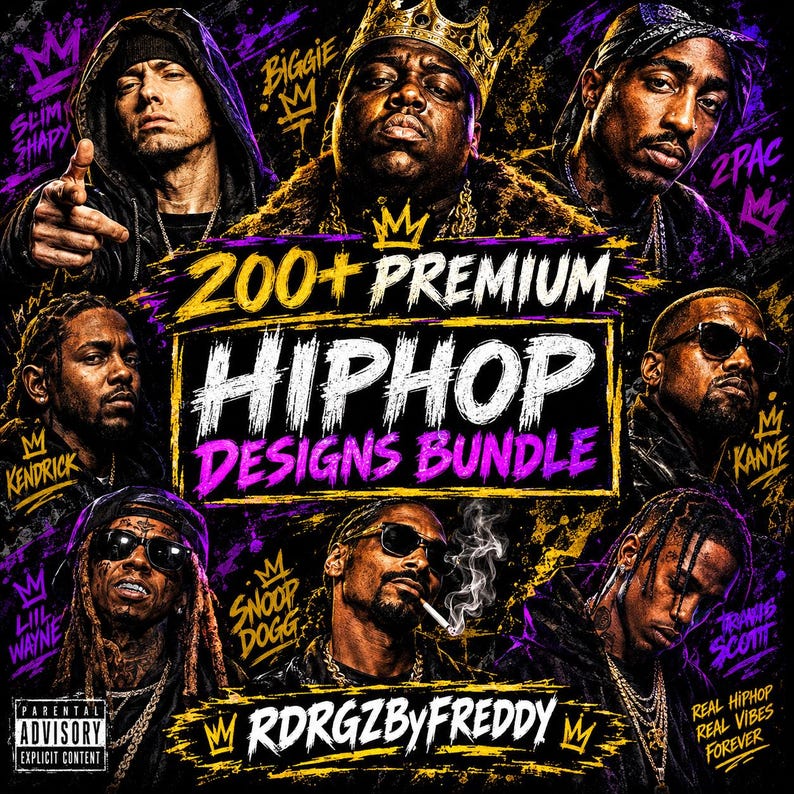 May include: A digital graphic featuring portraits of eight hip-hop artists including Eminem, Biggie, 2Pac, Kendrick, Kanye, Lil Wayne, Snoop Dogg, and Travis Scott. The text reads 200+ PREMIUM HIPHOP DESIGNS BUNDLE and RDRGZBYFREDDY.