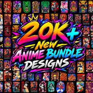 May include: A digital collage featuring a large collection of colorful anime character illustrations arranged in a grid. The central text reads 20K+ New Anime Bundle Designs in a vibrant, multi-colored brush-style font with a yellow crown icon above.