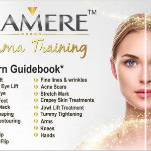 Op de afbeelding: Een afbeelding met voor- en nafoto's van het gezicht van een vrouw. De tekst luidt "PLAMERE Plasma Training Pattern Guidebook*" en somt verschillende behandelingen op, waaronder wenkbrauwlift, ooglidcorrectie, onderoog, kraaienpootjes, kalkoenhals, neusvorming, neuscontouring, liplift, volle lippen, volledige liplift, fijne lijntjes & rimpels, acne littekens, striae, behandelingen voor rimpelhuid, kaaklijnlift, buikstraffung, armen, knieën en handen.