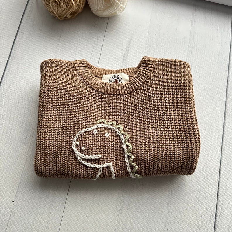 Dinosaur Hand-Embroidered Sweater for Baby Boy and Toddlers, Ideal for Birthdays and Baby Showers, Moose Cozy image 4