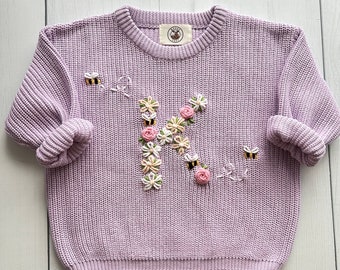 Personalized Floral Initial Bees Embroidered Baby Knit Sweater, Custom Soft Cotton Jumper for Infants, Toddlers, Perfect for Gifts Keepsakes