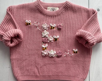 Personalized Floral Initial Bees Embroidered Baby Knit Sweater, Custom Soft Cotton Jumper for Infants, Toddlers, Perfect for Gifts Keepsakes