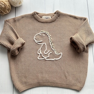 Dinosaur Hand-Embroidered Sweater for Baby Boy and Toddlers, Ideal for Birthdays and Baby Showers, Moose Cozy image 1