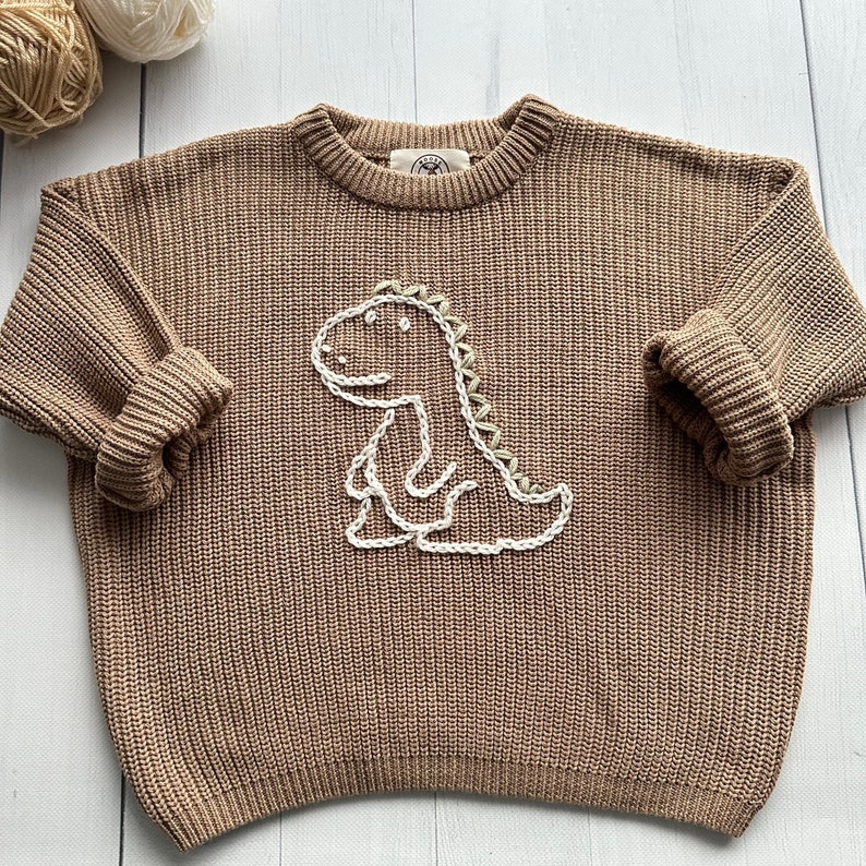 Dinosaur Hand-Embroidered Sweater for Baby Boy and Toddlers, Ideal for Birthdays and Baby Showers, Moose Cozy image 1