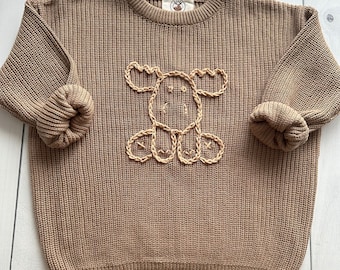 Moose Hand-Embroidered Sweater for Baby Boy and Toddlers, Ideal for Birthdays and Baby Showers, Family Photos, Moose Cozy