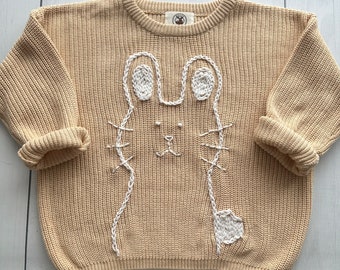 Bunny Rabbit Easter Hand-Embroidered Sweater for Baby Girl and Toddlers, Ideal for Birthdays and Baby Showers, Moose Cozy