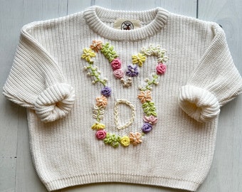 Bunny Floral Rabbit Easter Hand-Embroidered Initial Sweater for Baby Girl and Toddlers, Ideal for Birthdays and Baby Showers, Moose Cozy