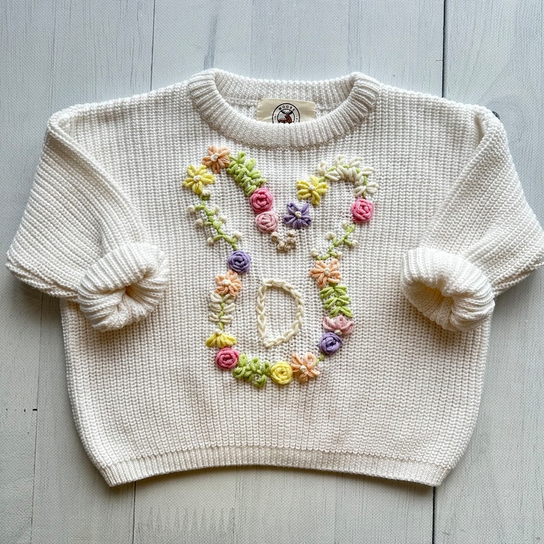 Bunny Floral Rabbit Easter Hand-Embroidered Initial Sweater for Baby Girl and Toddlers, Ideal for Birthdays and Baby Showers, Moose Cozy image 1