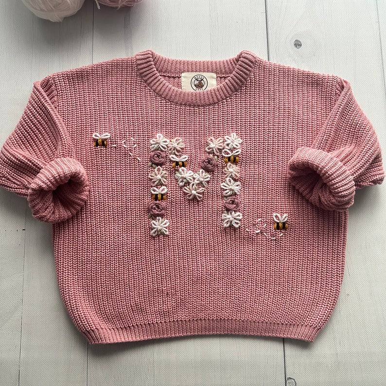 Personalized Floral Initial Bees Embroidered Baby Knit Sweater, Custom Soft Cotton Jumper for Infants, Toddlers, Perfect for Gifts Keepsakes image 1