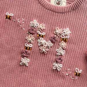 Personalized Floral Initial Bees Embroidered Baby Knit Sweater, Custom Soft Cotton Jumper for Infants, Toddlers, Perfect for Gifts Keepsakes image 2