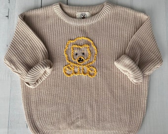 Lion Hand-Embroidered Sweater for Baby Boy and Toddlers, Ideal for Birthdays and Baby Showers, Moose Cozy