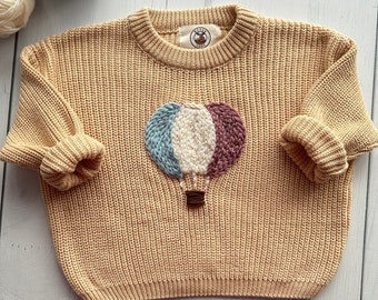 Air Balloon Hand-Embroidered Sweater for Baby Boy and Toddlers, Ideal for Birthdays and Baby Showers, Moose Cozy