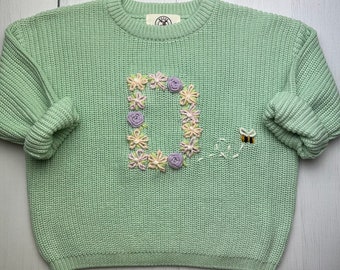 Personalized Floral Initial Hand-Embroidered Baby Knit Sweater, Custom Soft Cotton Jumper for Infants, Toddlers, Perfect for Gifts Keepsakes