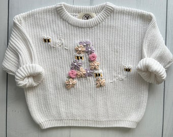 Personalized Floral Initial Bees Embroidered Baby Knit Sweater, Custom Soft Cotton Jumper for Infants, Toddlers, Perfect for Gifts Keepsakes