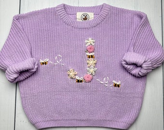 Personalized Floral Initial Bees Embroidered Baby Knit Sweater, Custom Soft Cotton Jumper for Infants, Toddlers, Perfect for Gifts Keepsakes