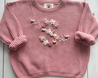 Personalisierte Baby-Strickpullover mit Blumenmuster, benutzerdefinierter weicher Baumwollpullover für Säuglinge, Kleinkinder, perfekt für Geschenke, Andenken