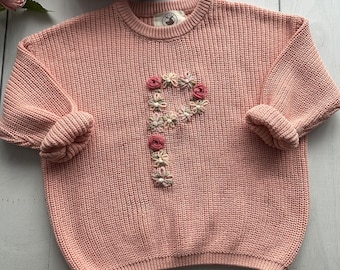 Personalized Floral Initial Hand-Embroidered Baby Knit Sweater, Custom Soft Cotton Jumper for Infants, Toddlers, Perfect for Gifts Keepsakes