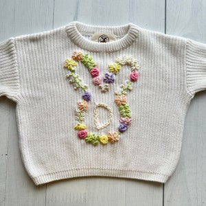 Bunny Floral Rabbit Easter Hand-Embroidered Initial Sweater for Baby Girl and Toddlers, Ideal for Birthdays and Baby Showers, Moose Cozy image 3