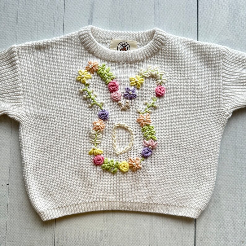 Bunny Floral Rabbit Easter Hand-Embroidered Initial Sweater for Baby Girl and Toddlers, Ideal for Birthdays and Baby Showers, Moose Cozy image 3