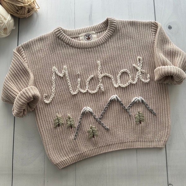 Mountains Personalized Hand-Embroidered Baby Knit Sweater for Boy Toddler - Custom Name, Eco-Friendly, Ideal for Birthdays and Baby Showers