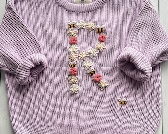 Personalized Floral Initial Bees Embroidered Baby Knit Sweater, Custom Soft Cotton Jumper for Infants, Toddlers, Perfect for Gifts Keepsakes