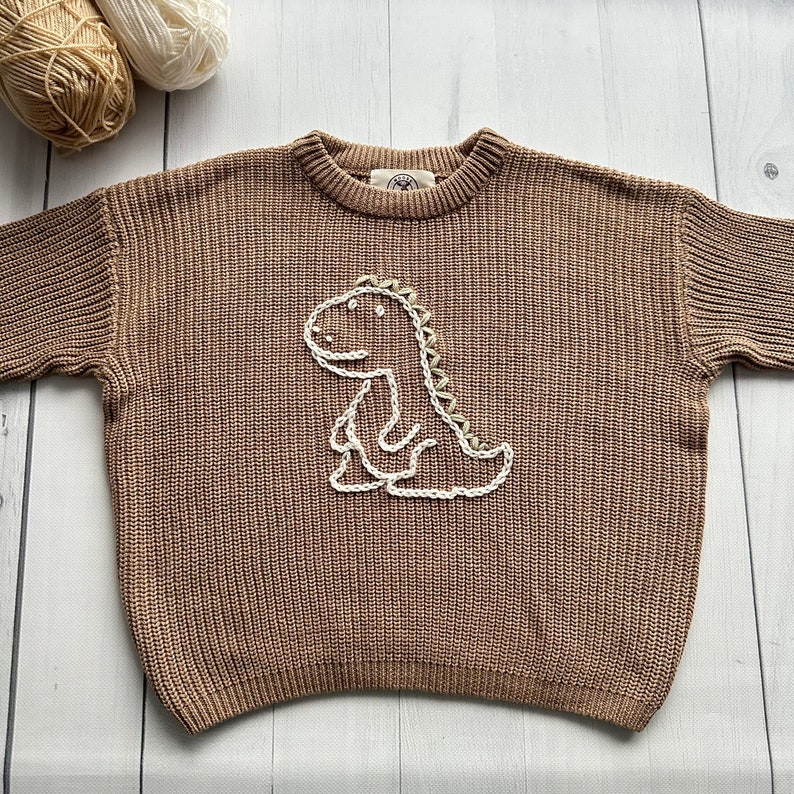 Dinosaur Hand-Embroidered Sweater for Baby Boy and Toddlers, Ideal for Birthdays and Baby Showers, Moose Cozy image 3