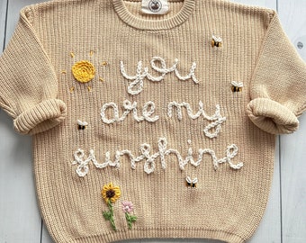 Moose Cozy You Are My Sunshine Hand-Embroidered Sweater for Babies and Toddlers - Custom, Eco-Friendly, Ideal for Birthdays and Baby Showers