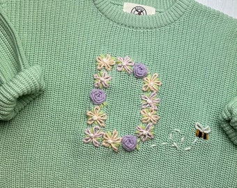 Personalized Floral Initial Hand-Embroidered Baby Knit Sweater, Custom Soft Cotton Jumper for Infants, Toddlers, Perfect for Gifts Keepsakes